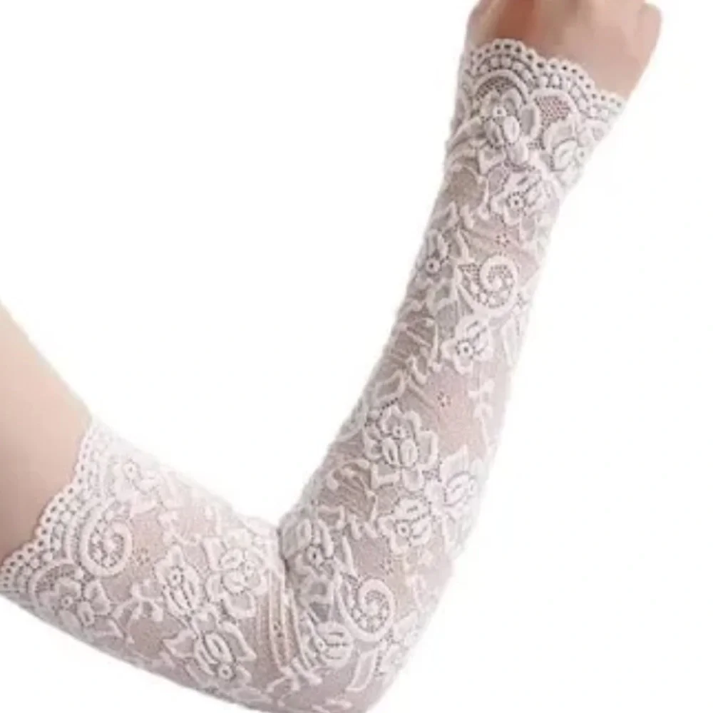 Lace Elbow-Length Arm Sleeves - White